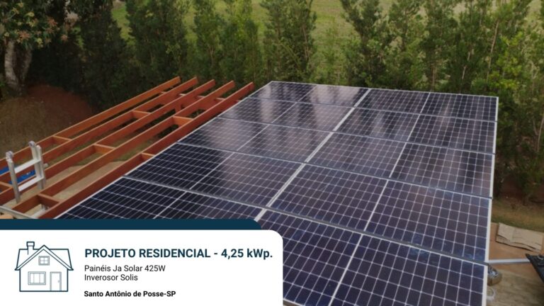 PROJETO 4,25 kWp. Painéis Ja Solar 425W Inverosor Solis Santo Antônio de Posse-SP